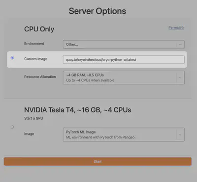The hub’s launch page, with the workshop image entered as a custom image